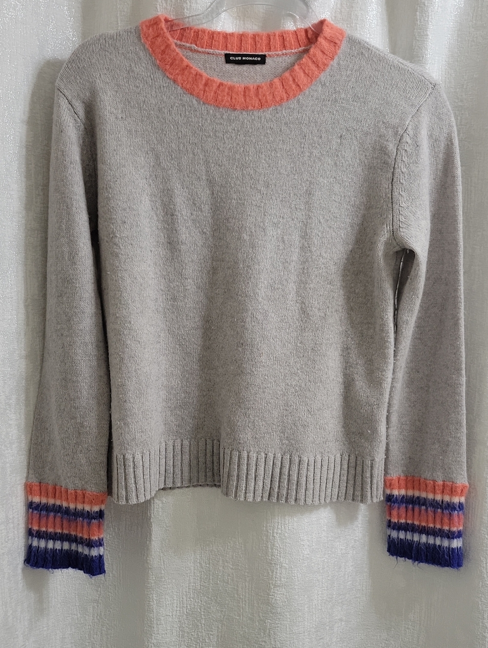 Club Monaco Grey Crewneck Sweater with Coral/Orange Trim and Striped Cuffs